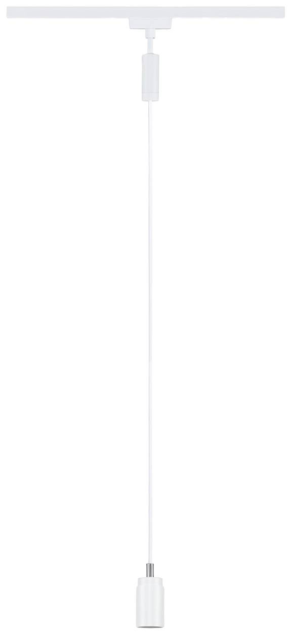Eine weiße Pendelleuchte mit schlankem, minimalistischem Design und zylindrischer Fassung, geeignet für moderne Innenräume.