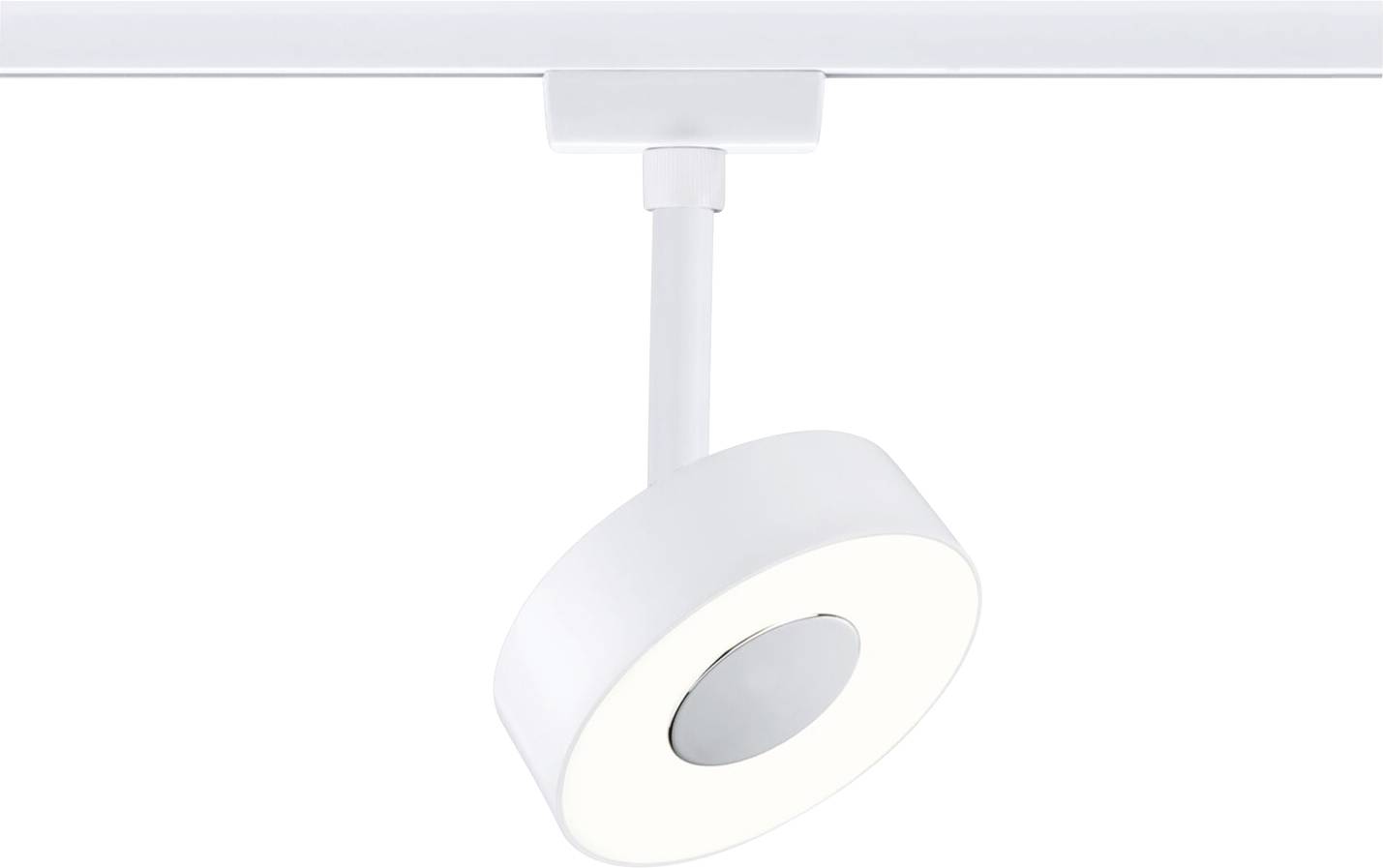 Eine runde, weiße LED-Schienenleuchte zeigt nach unten und ist an einer horizontalen Schiene montiert. Sie ist modern und minimalistisch gestaltet.