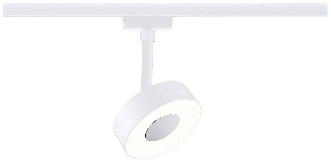 Eine weiße Schienenleuchte mit rundem LED-Lampenkopf, eingestellt für Downlighting, montiert an einer geraden Schiene.