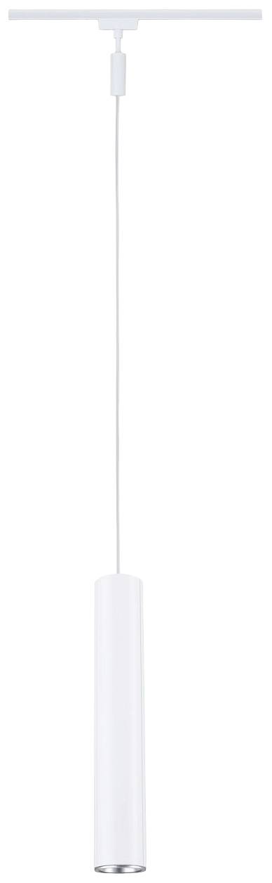 Weiße, zylindrische Pendelleuchte mit dünnem Kabel, geeignet für moderne Innenräume, Hängeleuchte an weißer Deckenhalterung.