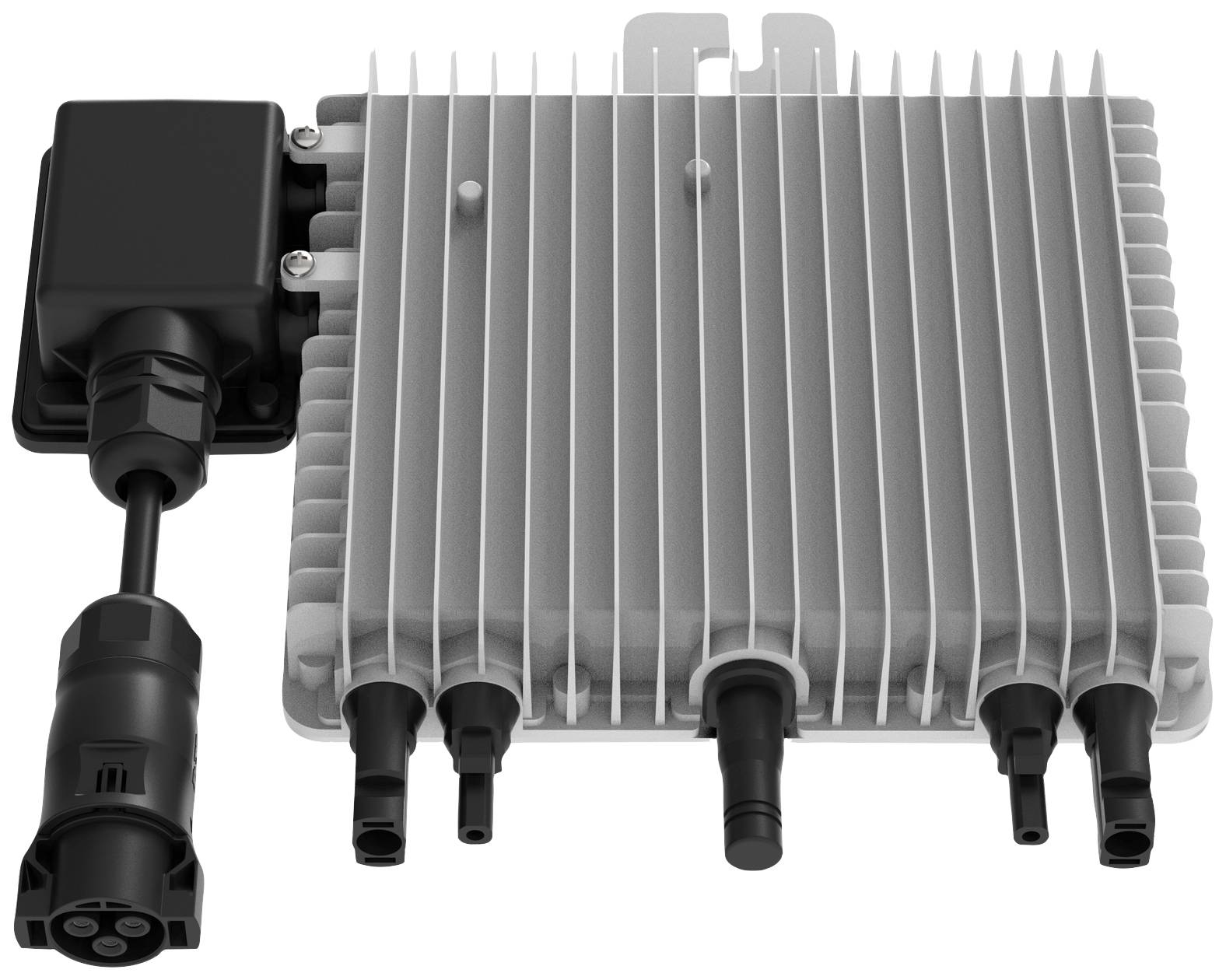 Ein graues elektrisches Gerät mit Kühlrippen und mehreren Anschlüssen, vermutlich ein Leistungskonverter oder ähnliches Bauteil.