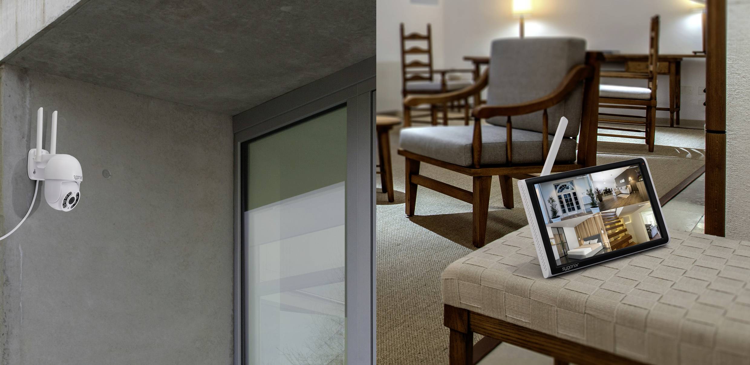 Links: Eine Überwachungskamera an einer Betonwand. Rechts: Ein Tablet auf einem gepolsterten Hocker zeigt den Kamerafeed.