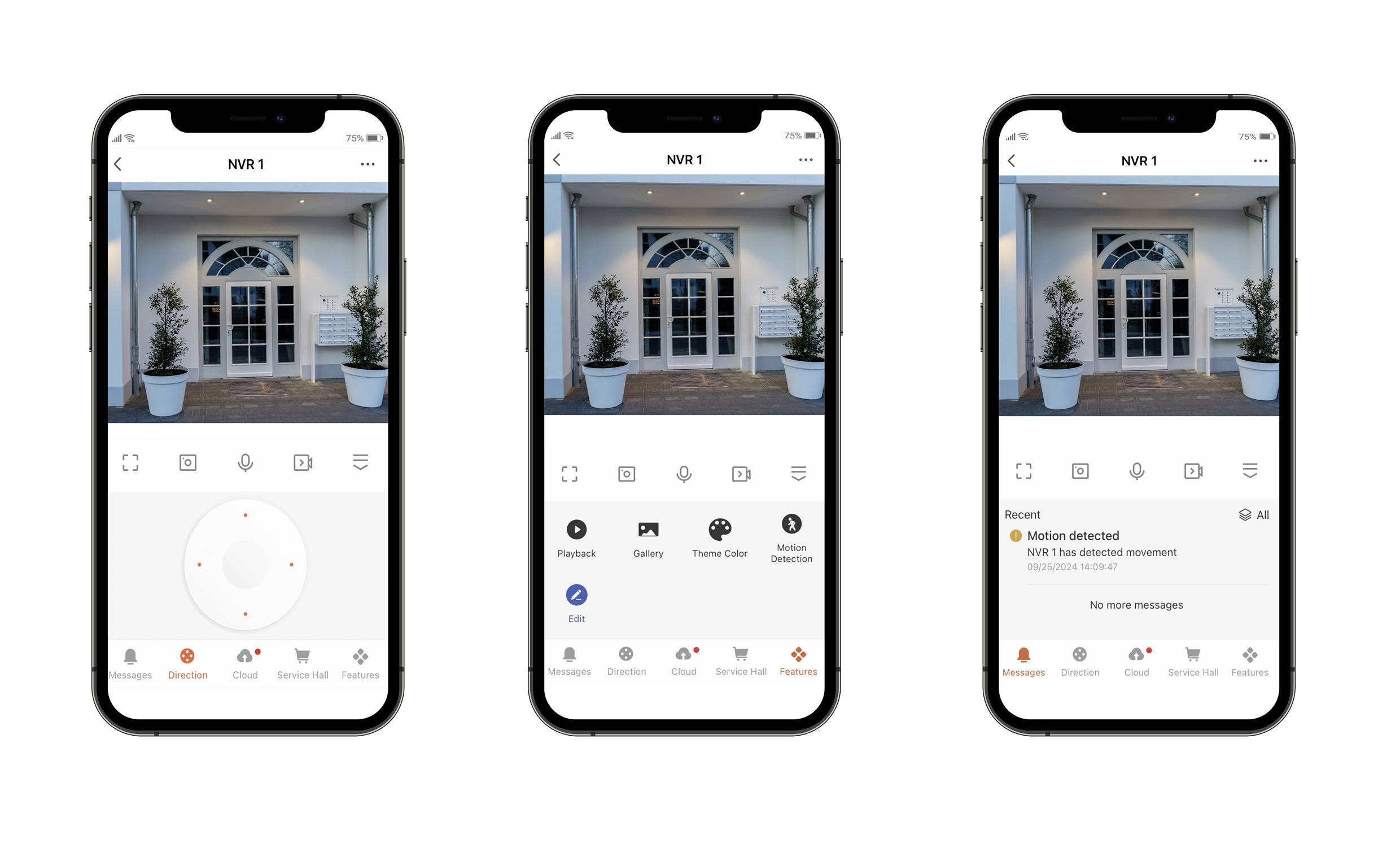 Drei Smartphone-Bildschirme zeigen eine Überwachungs-App. Links: Kameraüberblick; Mitte: Live-Ansicht eines Gebäudeeingangs; Rechts: Bewegungswarnung.