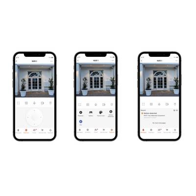 Drei Smartphone-Bildschirme zeigen eine Überwachungs-App. Links: Kameraüberblick; Mitte: Live-Ansicht eines Gebäudeeingangs; Rechts: Bewegungswarnung.