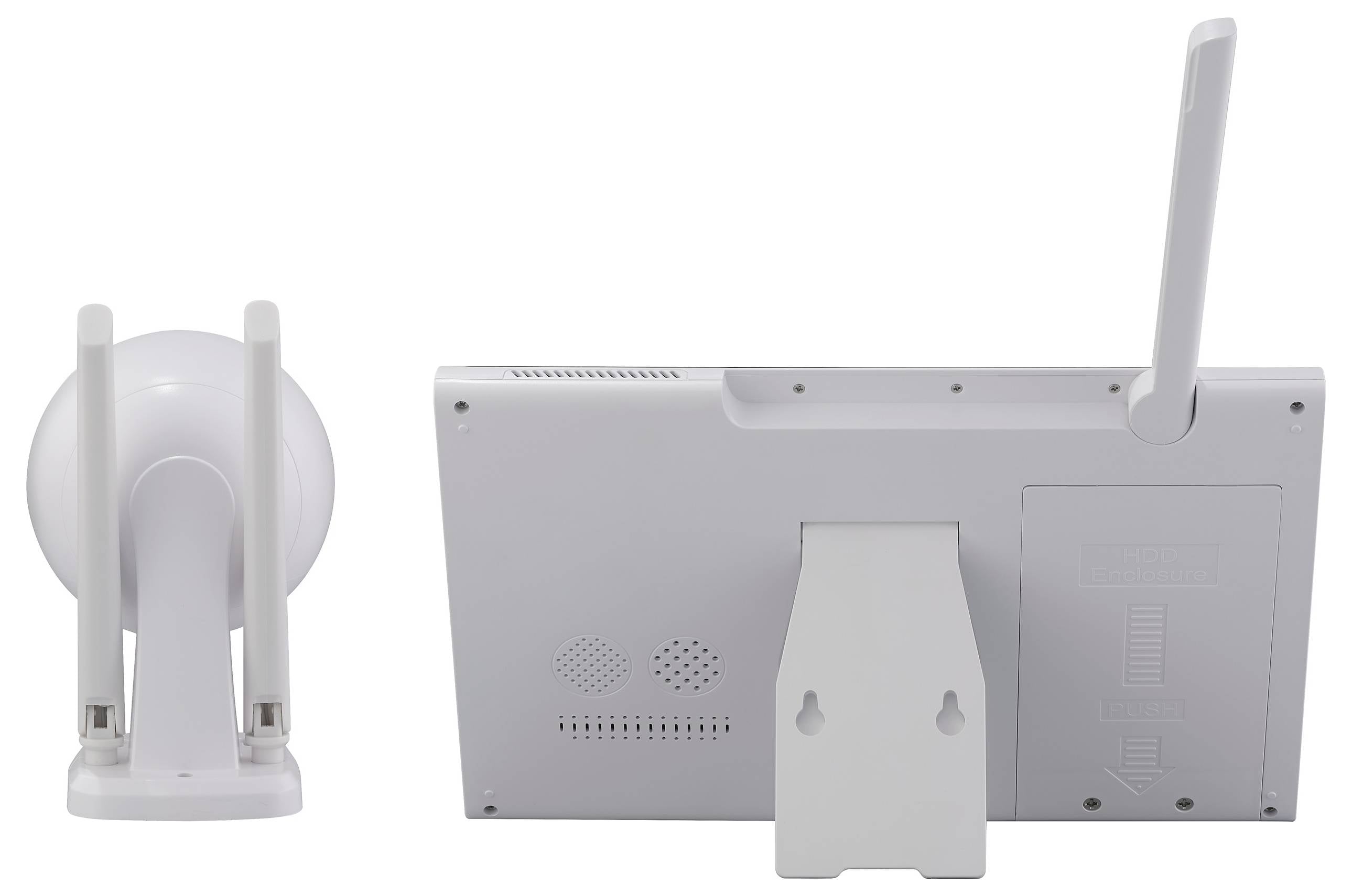 Ein weißer, digitaler Bildschirm und eine schwenkbare Kamera, beide mit Antenne, wahrscheinlich Teile eines Überwachungssystems.