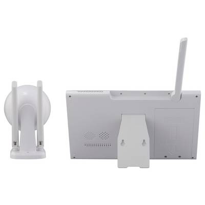 Ein weißer, digitaler Bildschirm und eine schwenkbare Kamera, beide mit Antenne, wahrscheinlich Teile eines Überwachungssystems.