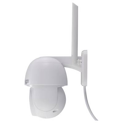 Weiße Überwachungskamera mit Antenne, an Wandhalterung befestigt, Seitenansicht.