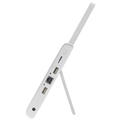 Ein weißer, tragbarer Router mit einem USB-Anschluss, Ethernet-Port und LED-Anzeige. Eine lange Antenne zeigt nach oben.