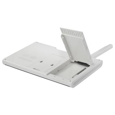Ein offenes Laptop-Gehäuse zeigt den inneren Liegeplatz für den Akku und die Festplatte. Das Gehäuse ist weiß und leer.