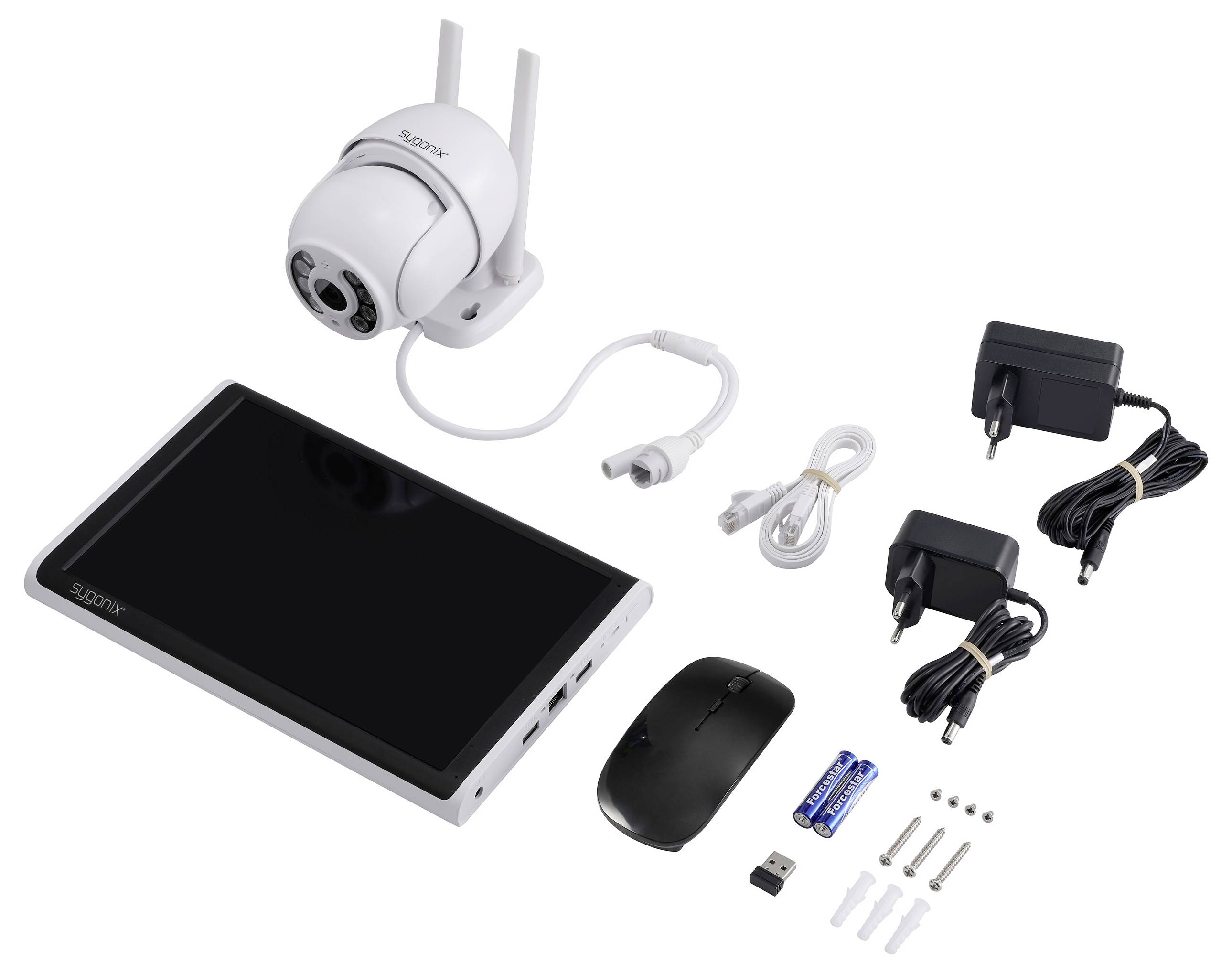 Überwachungskamera-System mit Kamera, Bildschirm, Maus, Netzteilen, Kabeln, Batterien und Montagematerial auf weißem Hintergrund.