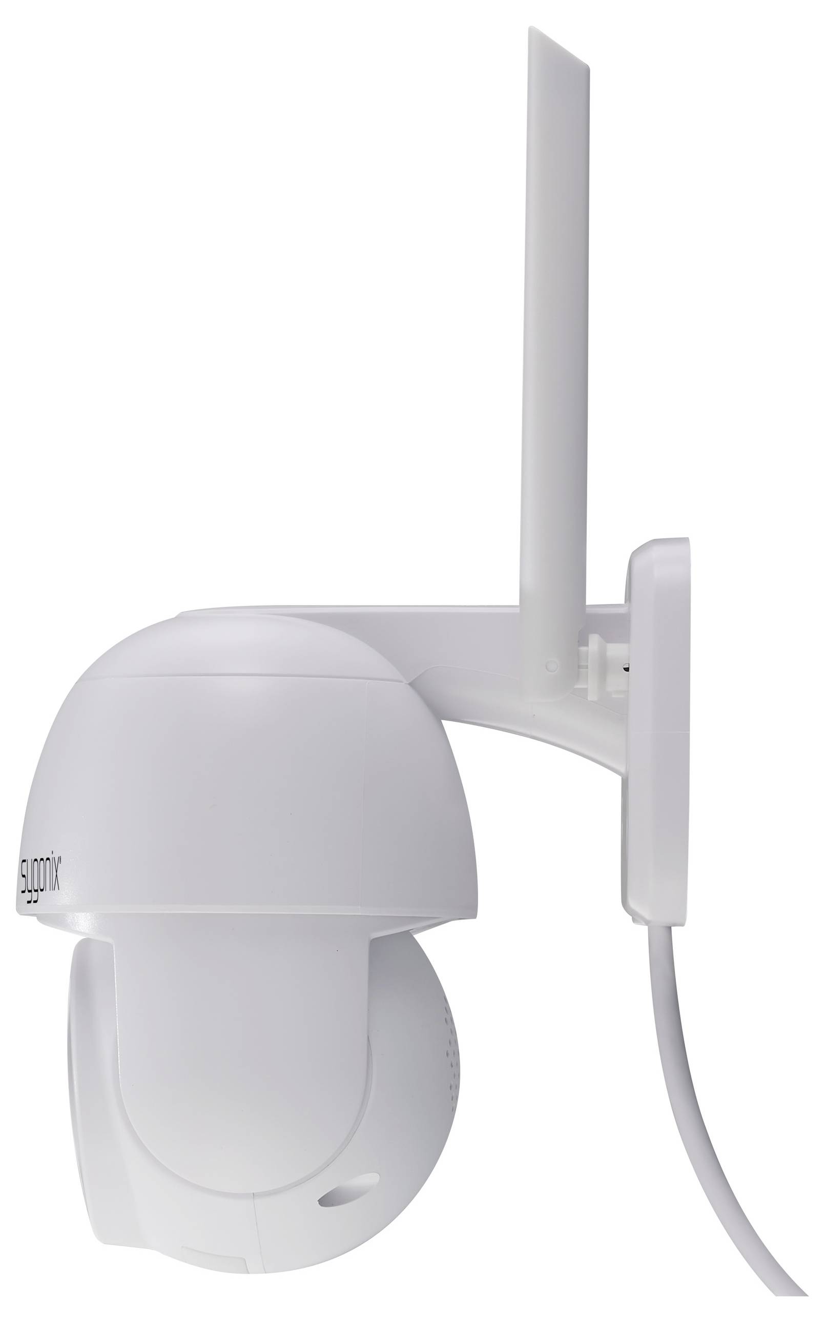 Eine weiße Überwachungskamera mit Antenne, seitlich montiert. Sie hat ein kugelförmiges Design und ist an einer Wandhalterung befestigt.