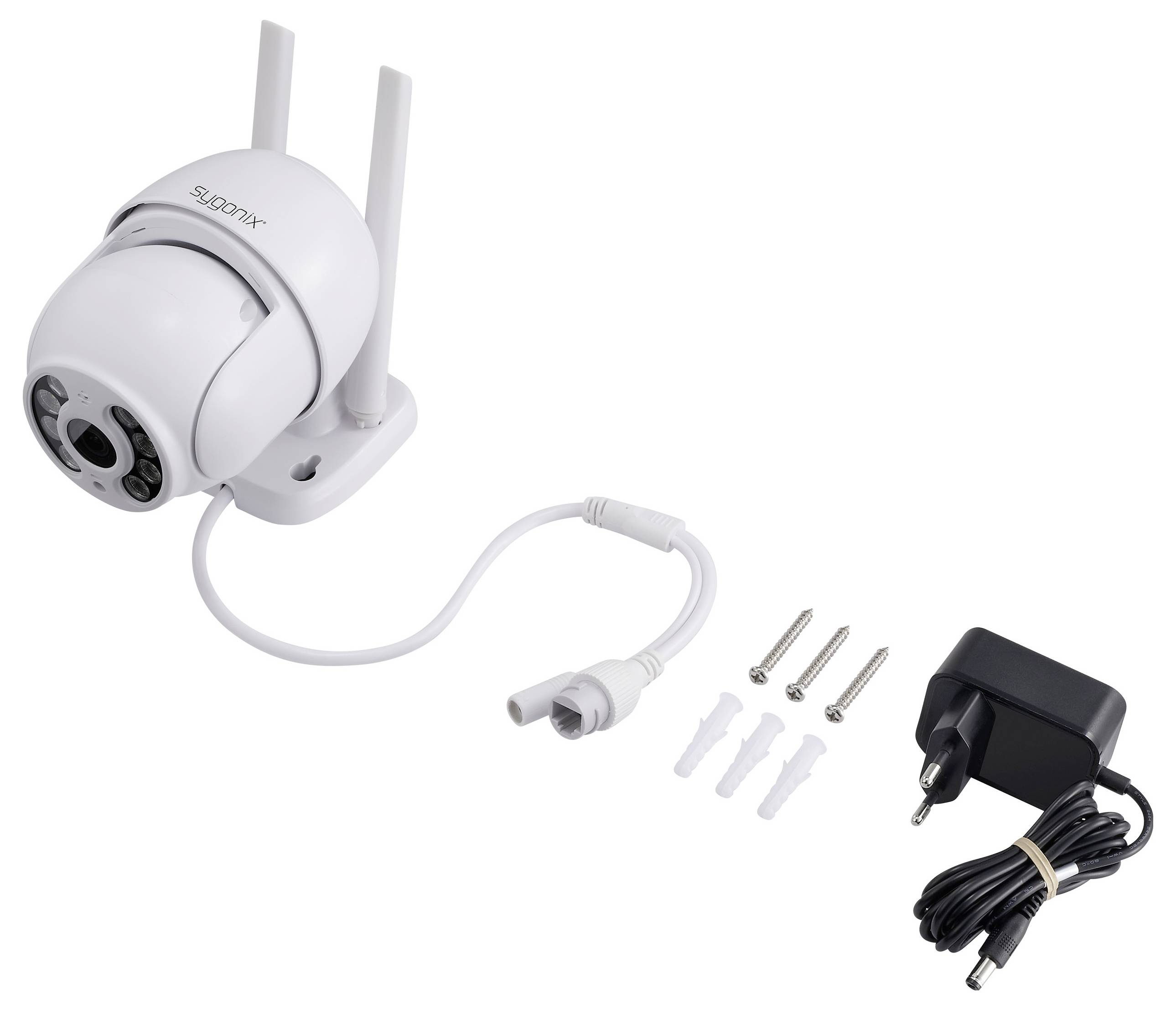 Eine Überwachungskamera mit Kabel, Montagematerial und Netzteil. Die Kamera hat zwei Antennen und ist für den Außenbereich geeignet.
