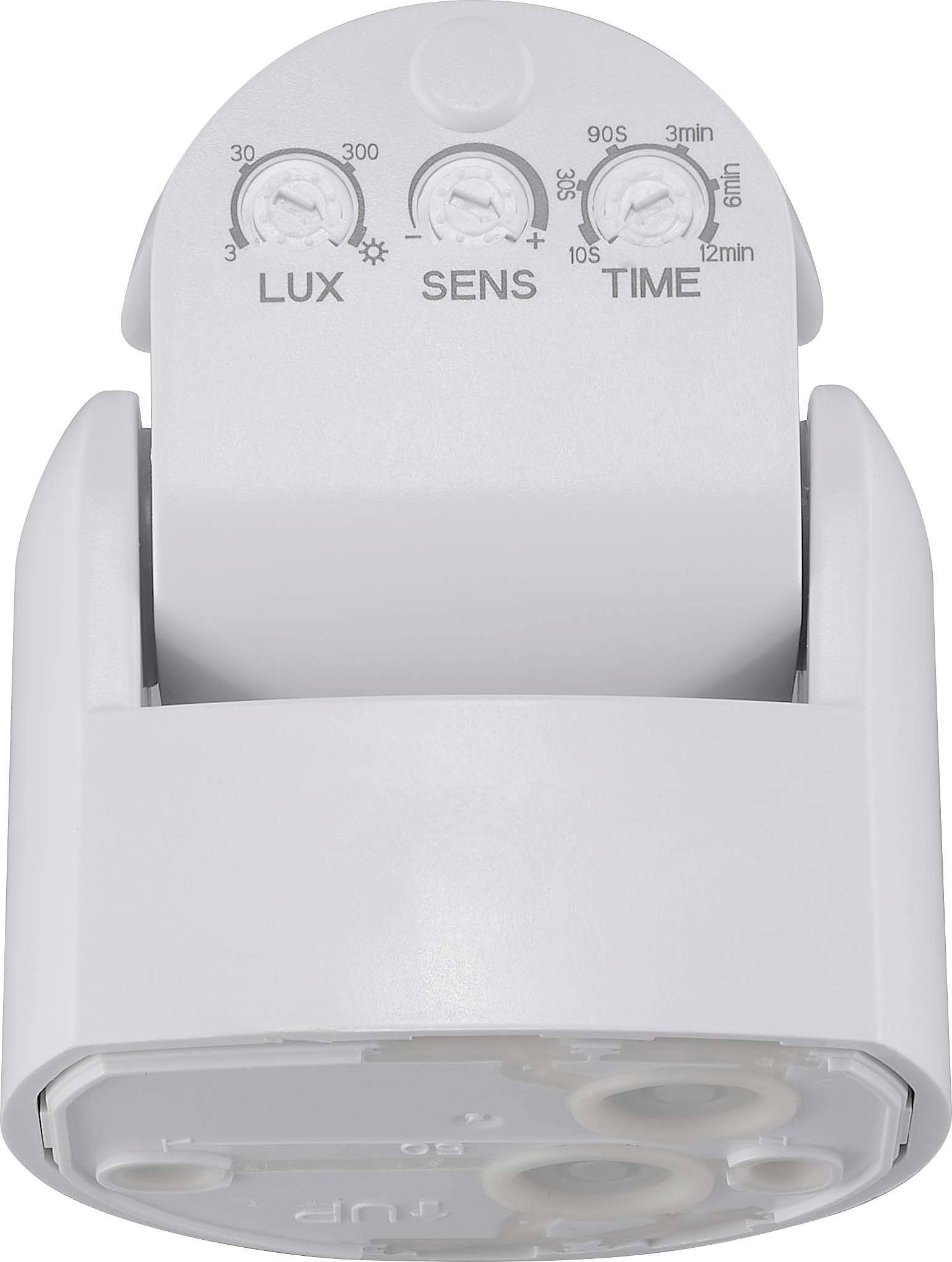 Ein weißer Bewegungssensor mit drei Einstellknöpfen für 'LUX', 'SENS', und 'TIME', zur Regelung der Lichtempfindlichkeit und Dauer.