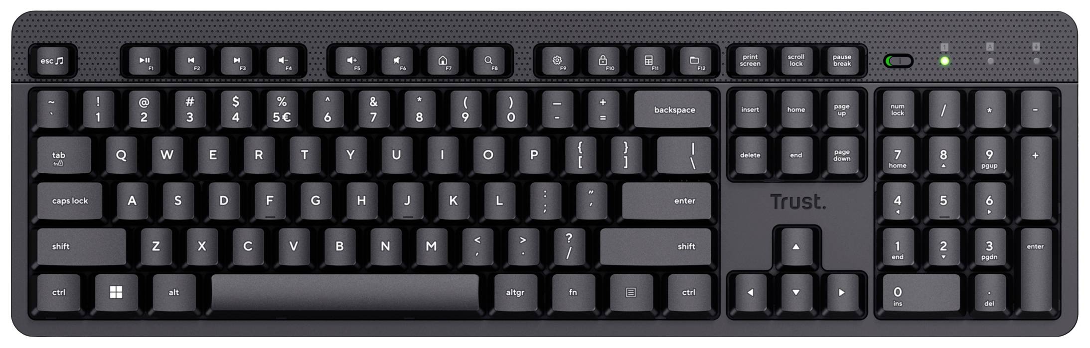 Schwarze Computertastatur mit deutschen QWERTZ-Layout. Funktionstasten sind oben, Ziffernblock rechts. Markensymbol 'Trust'.