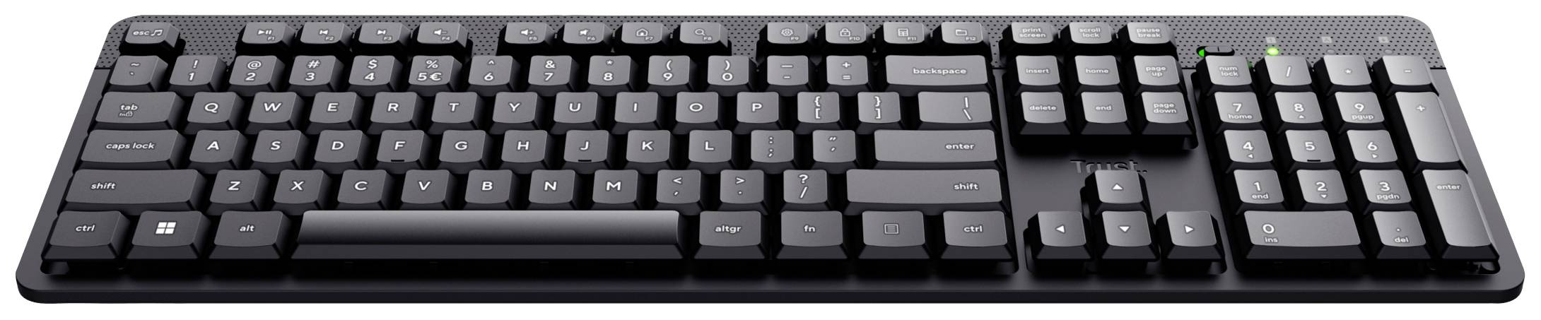 Eine schwarze Computertastatur mit numerischem Tastenfeld rechts, beleuchteten Tasten, und flachem Design.