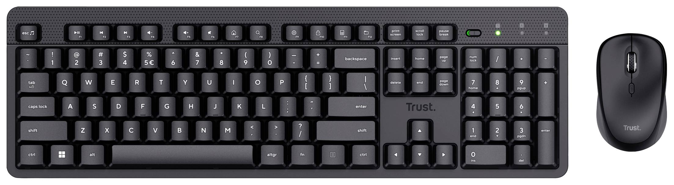Kabellose schwarze Tastatur mit Standardlayout und numerischem Tastenfeld neben einer kabellosen schwarzen Maus.