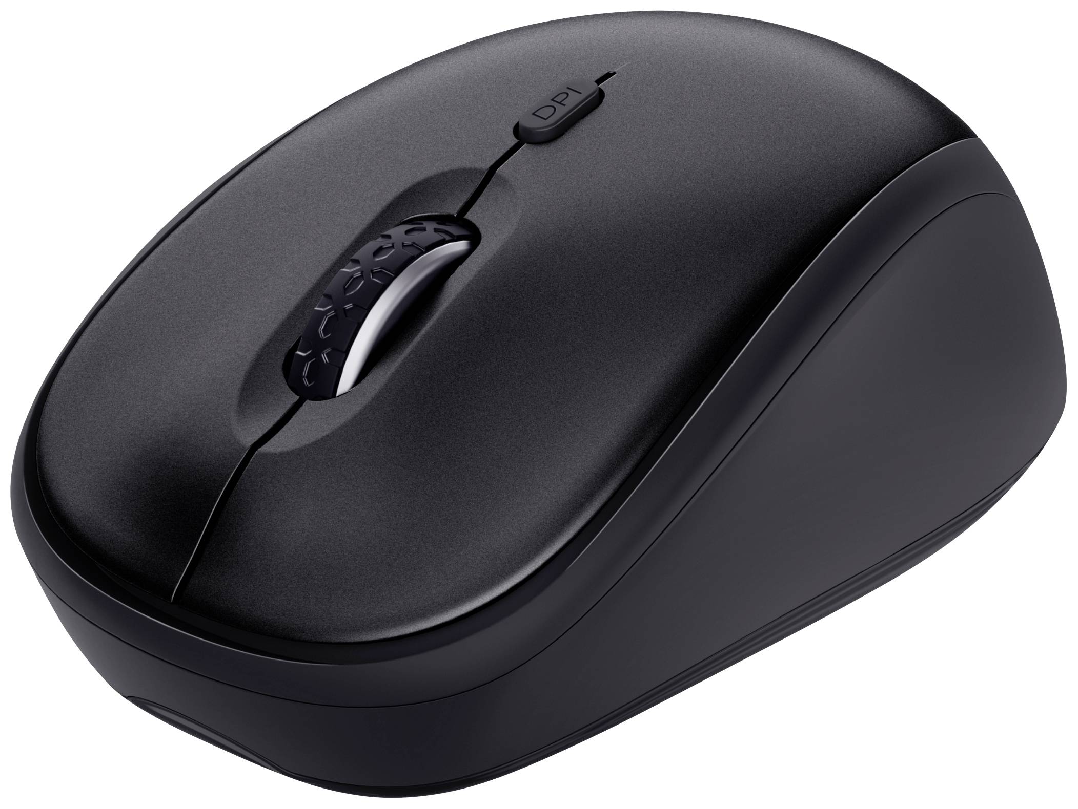 Schwarze kabellose Computermaus mit Scrollrad und DPI-Taste, liegt auf einer ebenen Fläche.