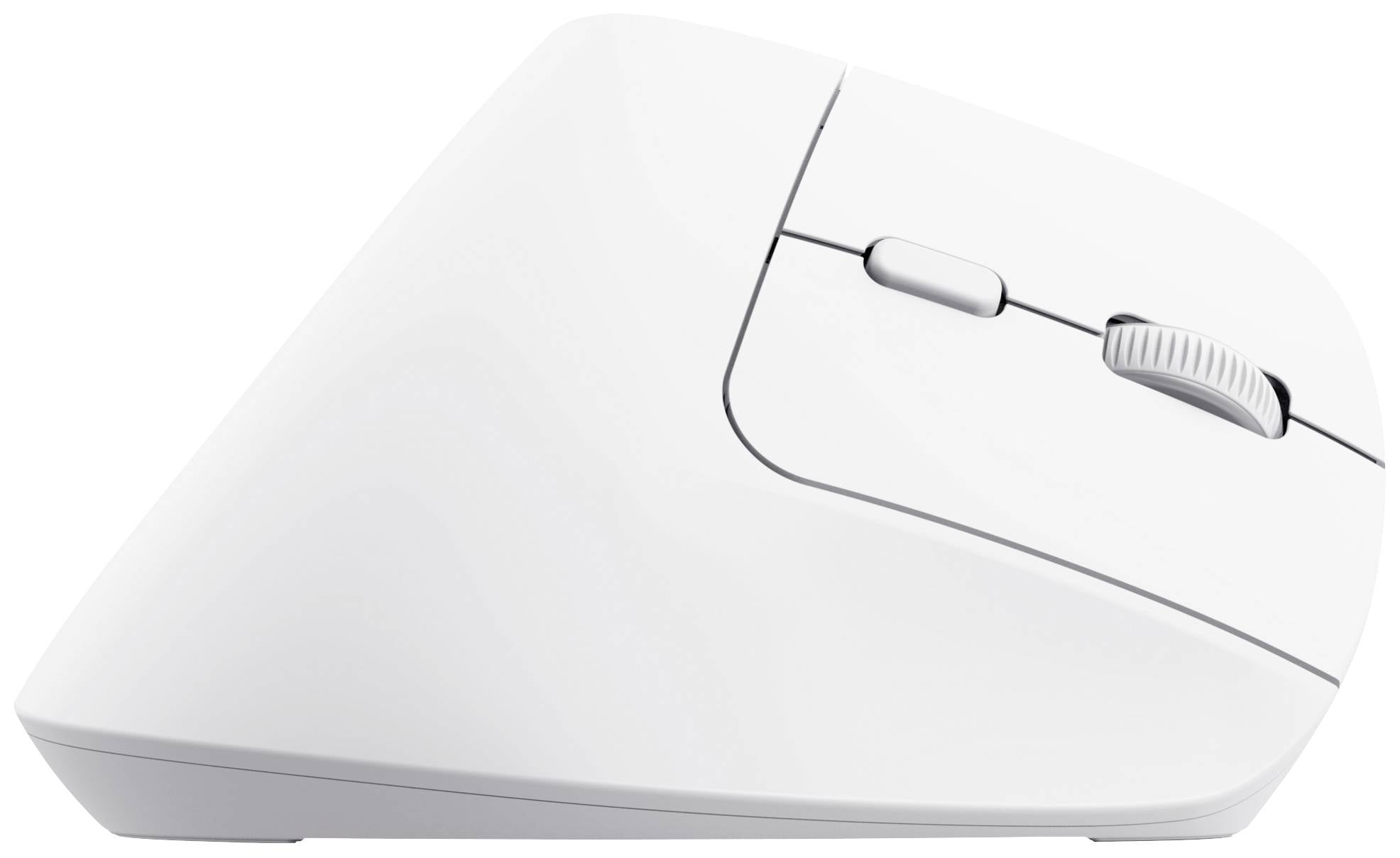 Weiße ergonomische vertikale Computermaus mit seitlichen Tasten und Scrollrad, designed zur Reduzierung von Handgelenkbelastung.