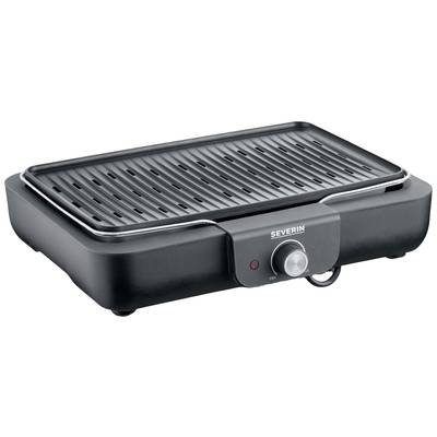 Schwarzer Elektrogrill mit geriffelter Grillfläche und Temperaturregler an der Vorderseite, geeignet für Indoor-Grillen.
