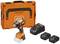 Akkuschrauber-Set mit orangefarbenem Koffer, Ladegerät und zwei Batterien. Hauptgerät ist ein kompakter, leistungsstarker Schrauber.