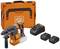 Akkubohrhammer mit Ladegerät, zwei Akkus und Transportkoffer, alles in Orange. Ideal für Bau- und Renovierungsarbeiten.