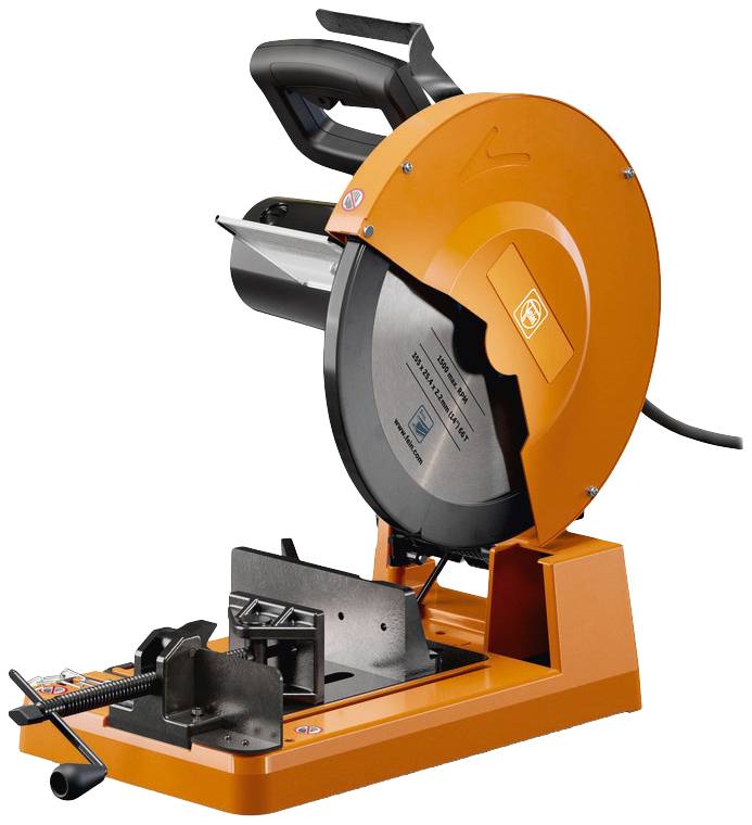 Eine orange Metallsäge mit einem großen, runden Sägeblatt, geeignet für das Schneiden von Metallrohren und -stäben.