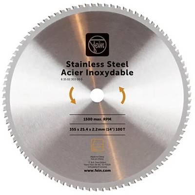 Ein runder Sägeblatt aus rostfreiem Stahl mit Zähnen entlang des Randes. Beschriftung mit 'Stainless Steel' und technischen Spezifikationen.
