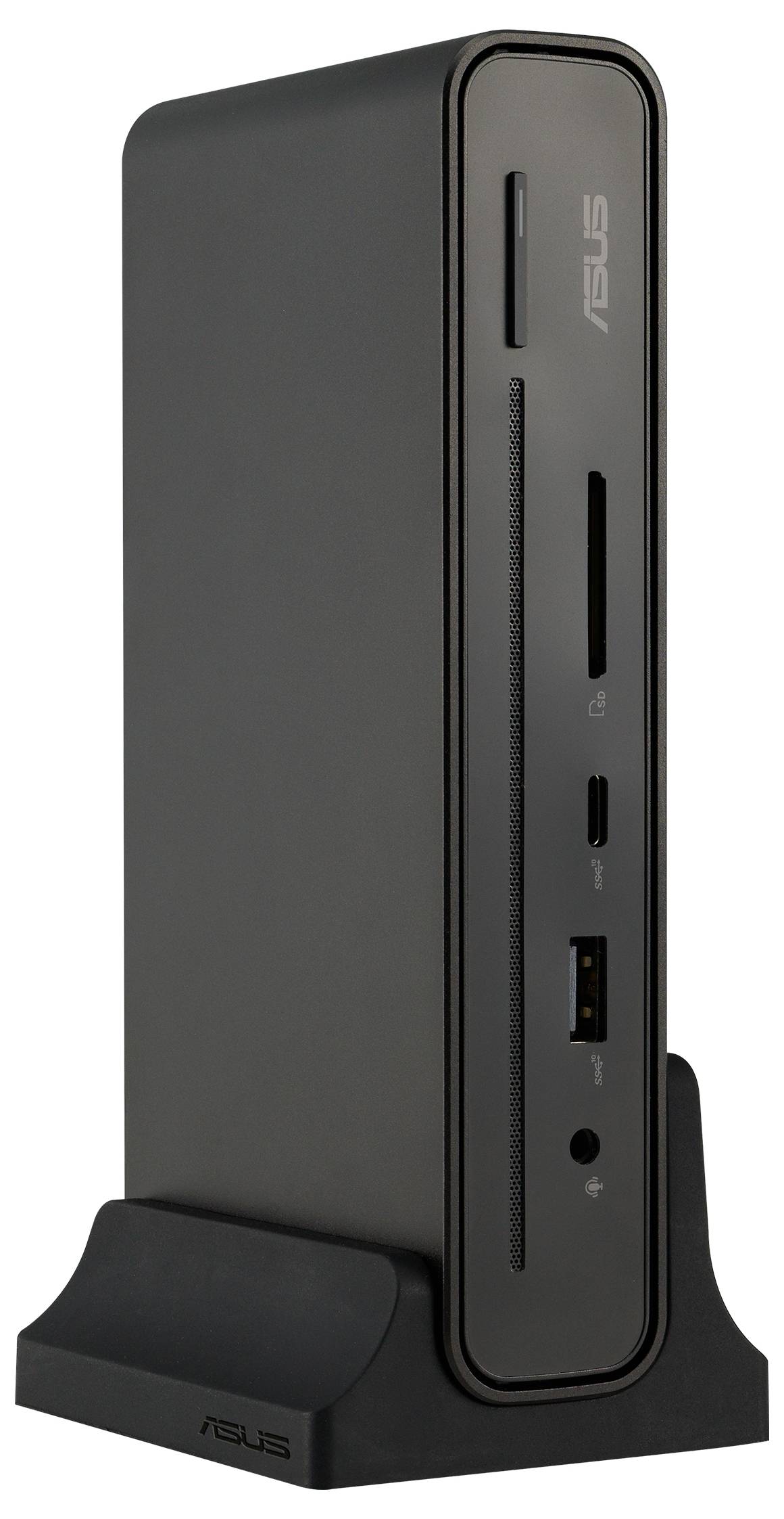 Ein schlanker, schwarzer Mini-PC auf einer Halterung. Frontseitig sind USB-Anschlüsse, Kartenleser und Kopfhöreranschluss sichtbar.