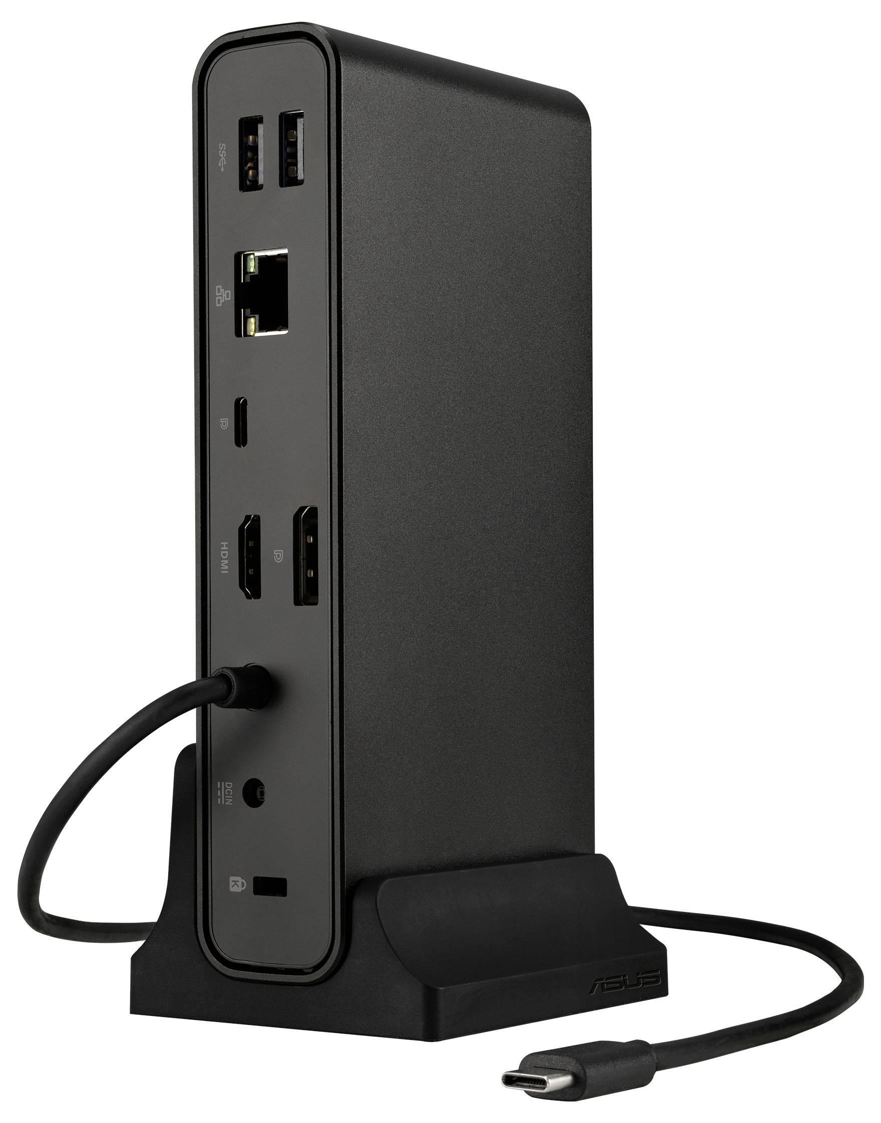 Externe Dockingstation mit mehreren Anschlüssen, darunter USB, HDMI, und Ethernet, mit einem USB-C-Kabel vorne in der Halterung.