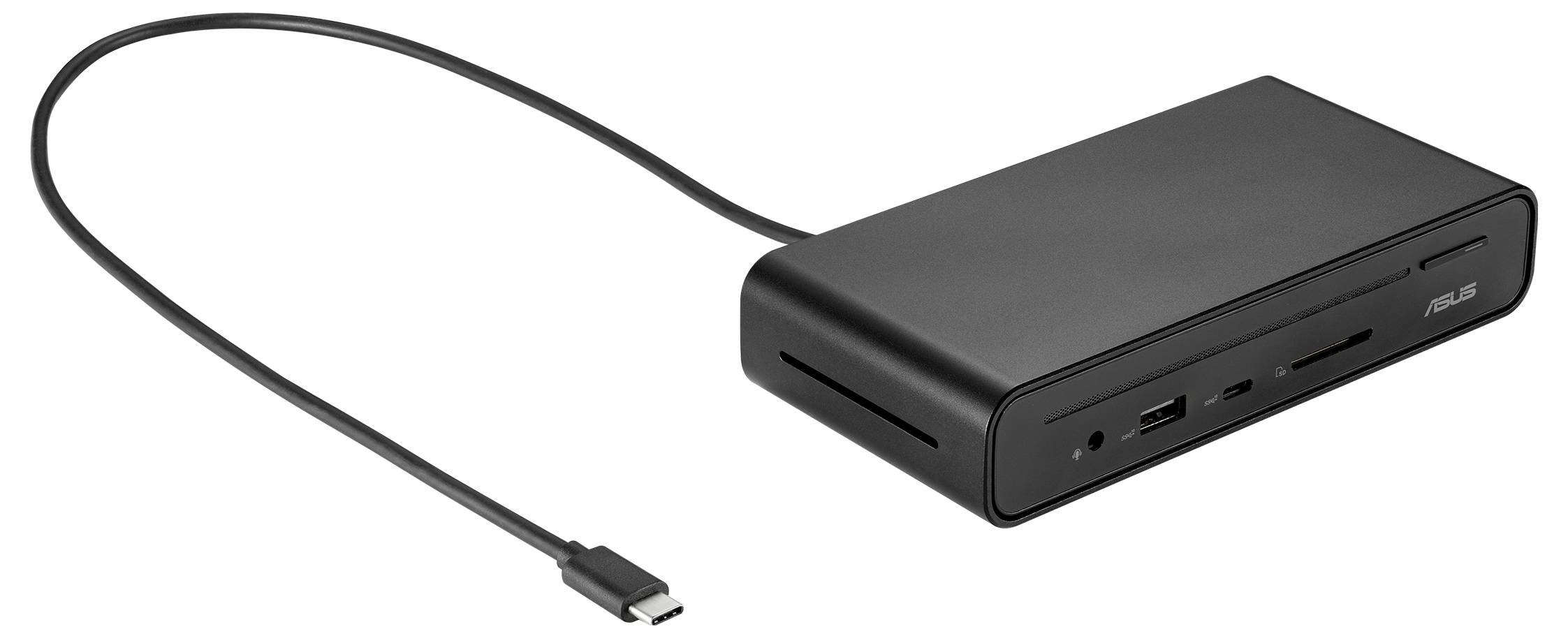 Eine schwarze externe Festplatte mit mehreren Anschlüssen, einschließlich USB-C-Kabel, auf weißem Hintergrund.