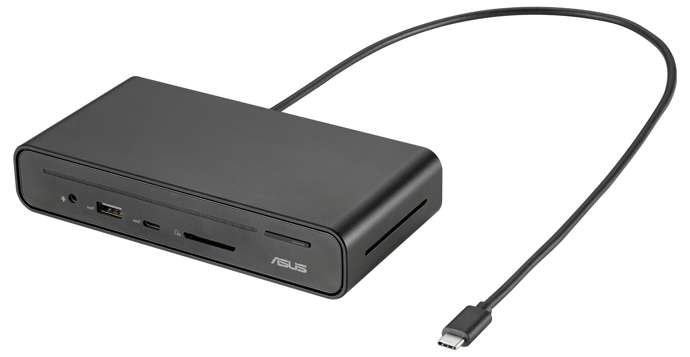Schwarze USB-C-Dockingstation mit mehreren Anschlüssen und angeschlossenem Kabel, geeignet für Laptops.