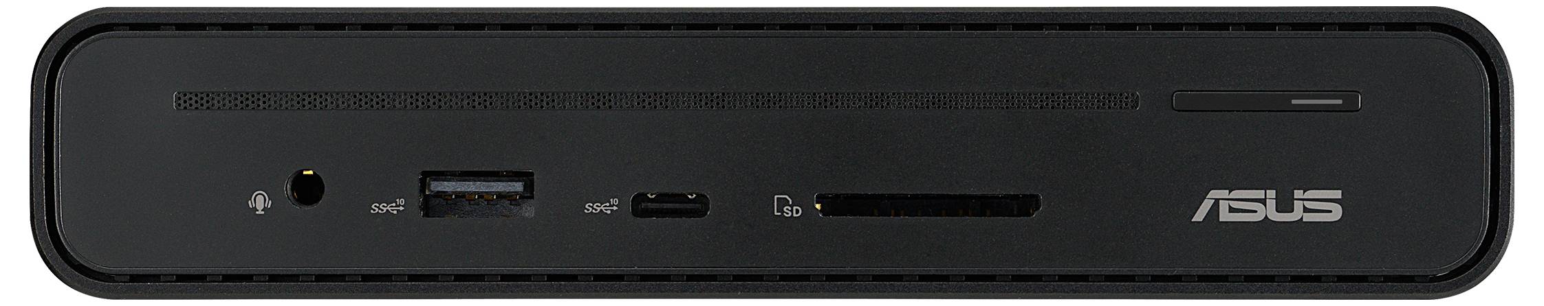 Ein schwarzer Asus-Mini-PC mit verschiedenen Anschlüssen auf der Vorderseite, darunter USB, Kopfhörerbuchse und Speicherkartenleser.