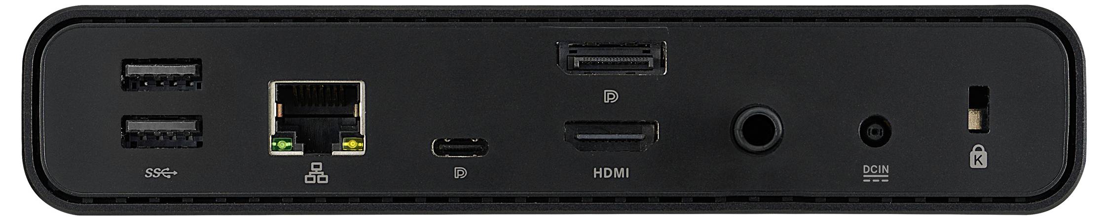 Rückseite einer Dockingstation mit Anschlüssen: 4 USB-Ports, Ethernet, USB-C, HDMI, Audioausgang.