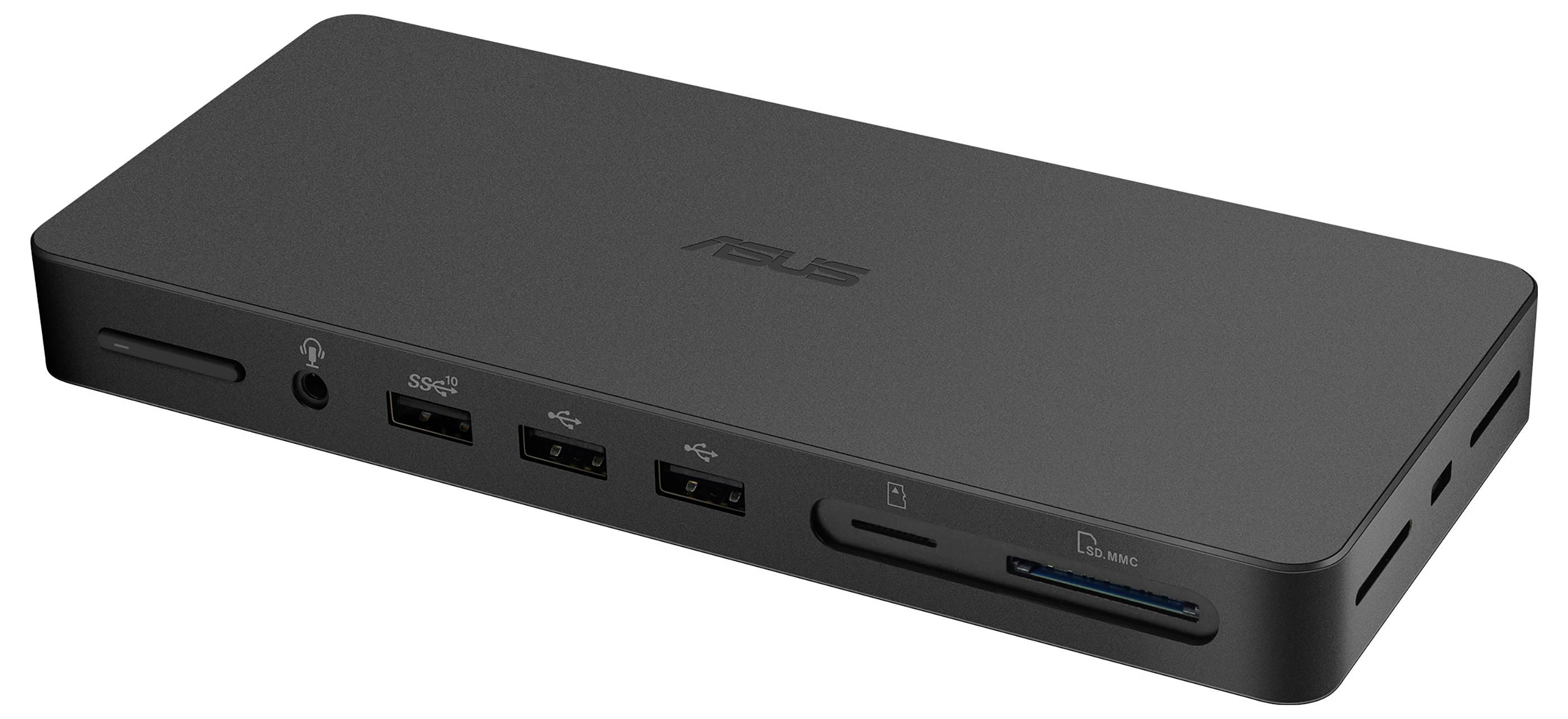 Schwarze ASUS-Dockingstation mit mehreren USB-Anschlüssen, Audioausgang, SD-Kartensteckplatz und markantem Logo auf der Oberseite.
