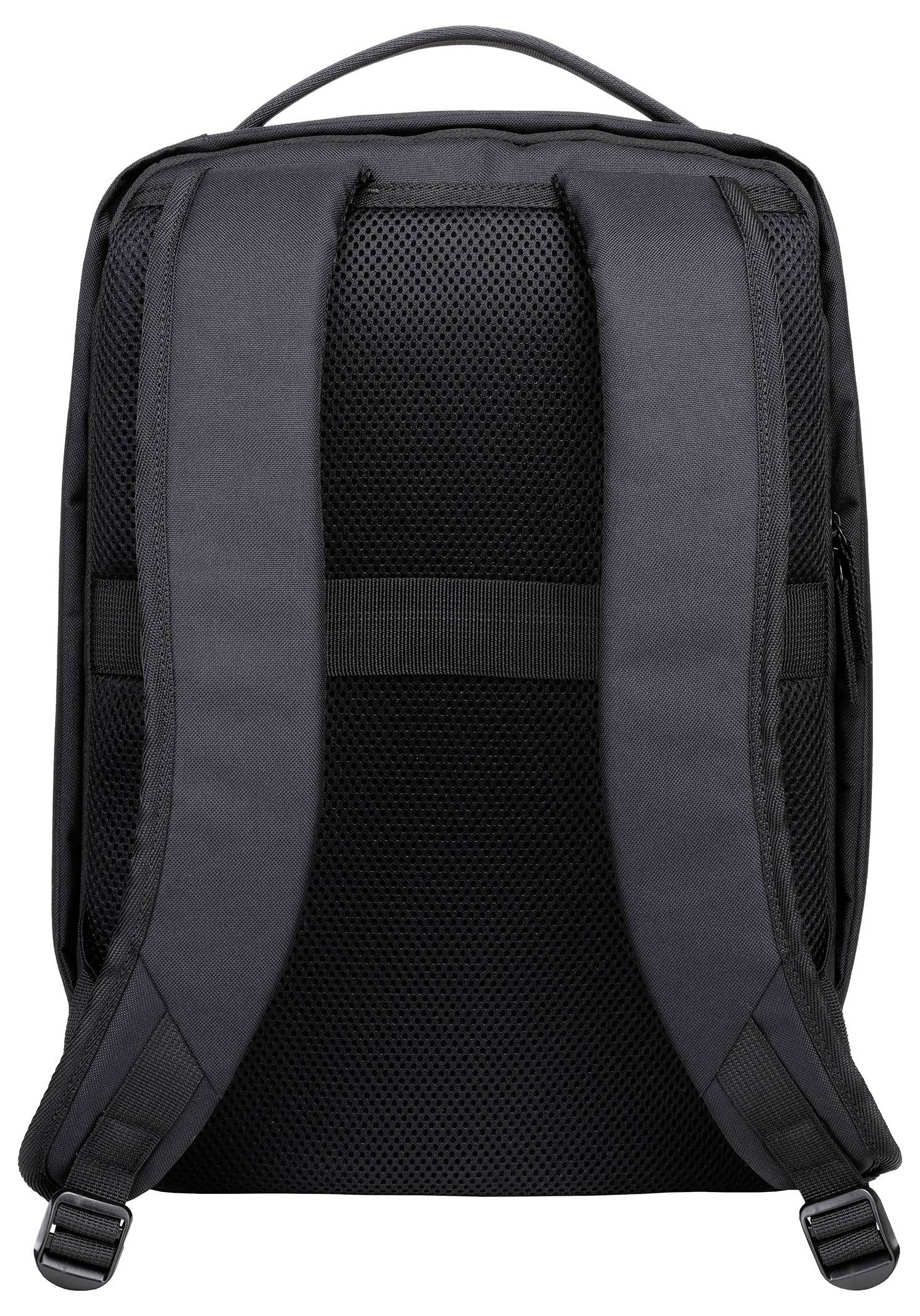 Ein schwarzer Rucksack wird von hinten gezeigt, mit gepolsterten Schultergurten, einem Tragegriff und Netzrückenpolsterung.