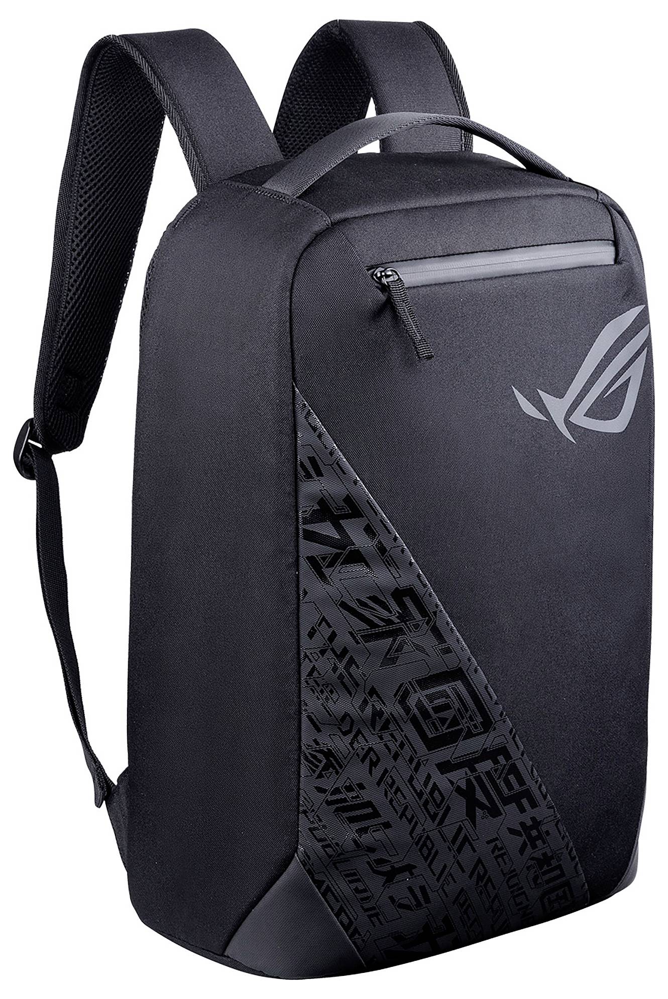 Ein schwarzer Rucksack mit abgerundeten oberen Ecken und einem markanten Logo auf der Vorderseite. Er hat verstellbare Schultergurte.