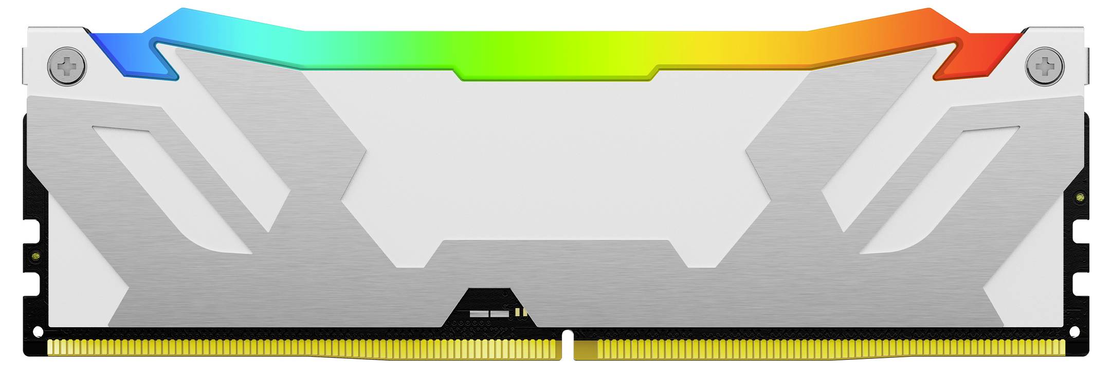 RGB-beleuchtetes Computer-RAM-Modul mit grauem Gehäuse. Oben leuchtet es in den Farben Blau, Grün, Gelb und Rot.