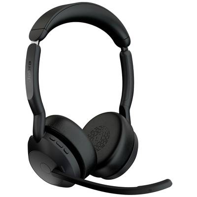 Schwarzes kabelloses Over-Ear-Headset mit Mikrofonarm, ergonomischen Ohrmuscheln und Bedientasten an der Seite. Geeignet für Telefonate.