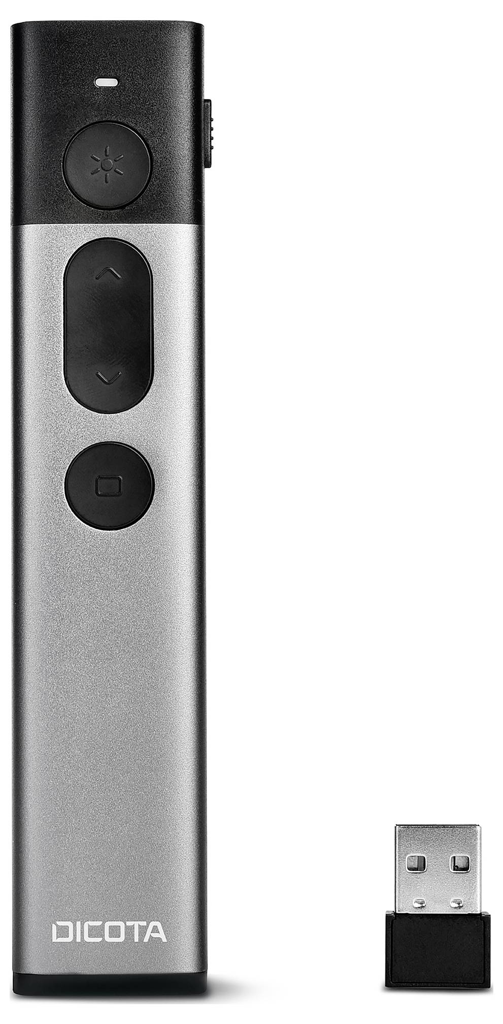 Präsentations-Fernbedienung mit silbernem Gehäuse, drei Tasten und USB-Empfänger. Geeignet für kabellose Navigation bei Präsentationen.