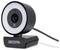 Schwarze Webcam mit rundem Design und integriertem Mikrofon, steht auf einem klappbaren Standfuß. Marke: Dicota. Kabel angeschlossen.