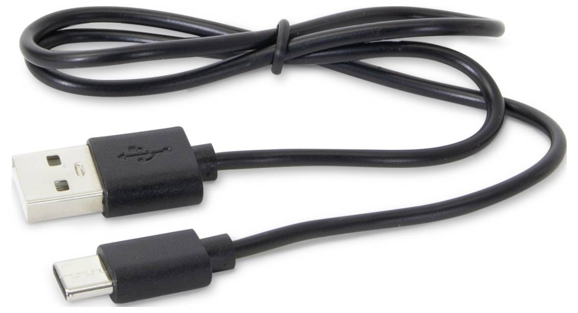 USB-Kabel mit einem Standard-USB-Anschluss auf der einen Seite und einem USB-C-Anschluss auf der anderen Seite, schwarz.