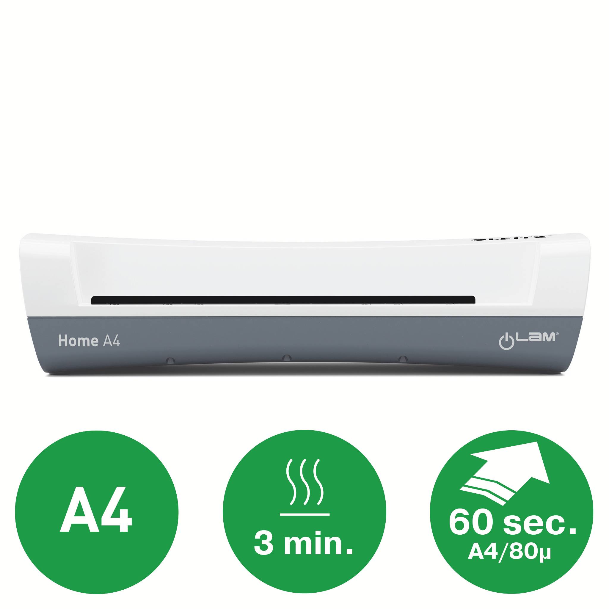 Ein Laminiergerät mit der Beschriftung 'Home A4'. Symbole unten zeigen, dass es Blätter bis A4, in 3 Minuten laminiert und 60 Sekunden zum Aufheizen benötigt.