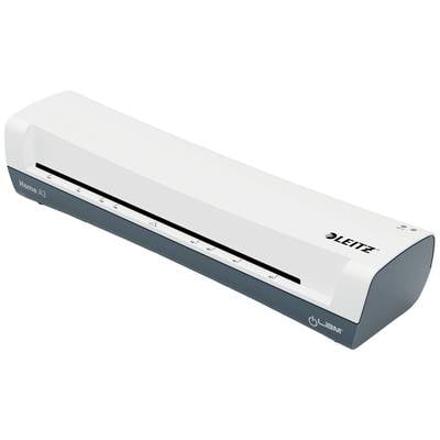 Ein weißer, schlanker Laminator der Marke Leitz, Modell 'Home A3', mit Bedienungsknöpfen an der Oberseite. Ideal für Heimgebrauch.