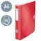 Roter Leitz-Ordner für A4-Papier, geeignet für 350 Blatt, mit geometrischem Muster und Verschlussklappe.