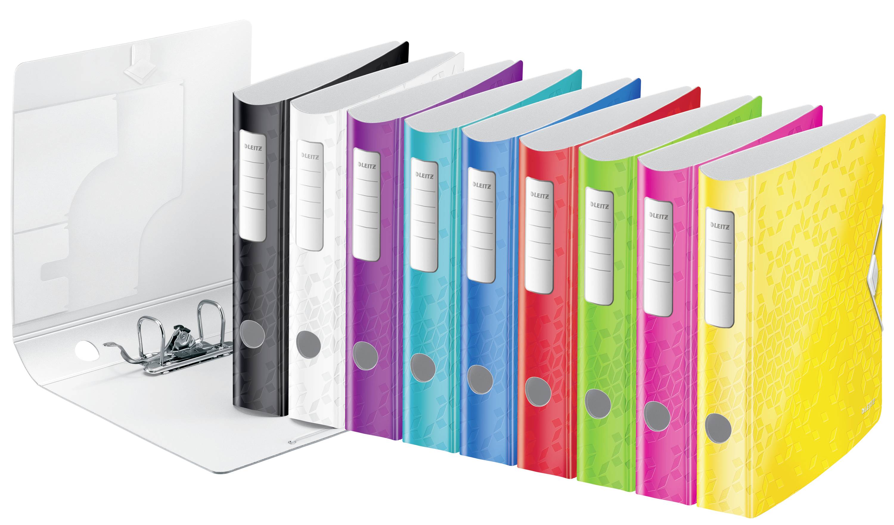 Acht farbige Aktenordner stehen in einer Reihe. Ein geöffneter weißer Ordner zeigt die Metallringe im Inneren.