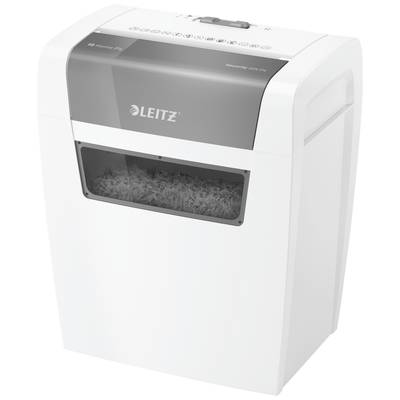 Aktenvernichter von Leitz mit weißem Gehäuse und durchsichtigem Auffangbehälter für geschreddertes Papier. Geeignet für Home-Office.