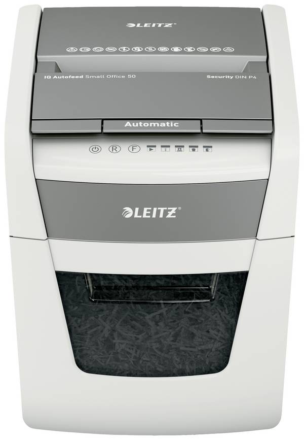 Leitz IQ Autofeed Small Office 50 P4 Aktenvernichter 6 Blatt Partikelschnitt 4 x 28 mm P-4 20 l Vernichtet auch Büroklammern, Heftklammern, Kreditkarte