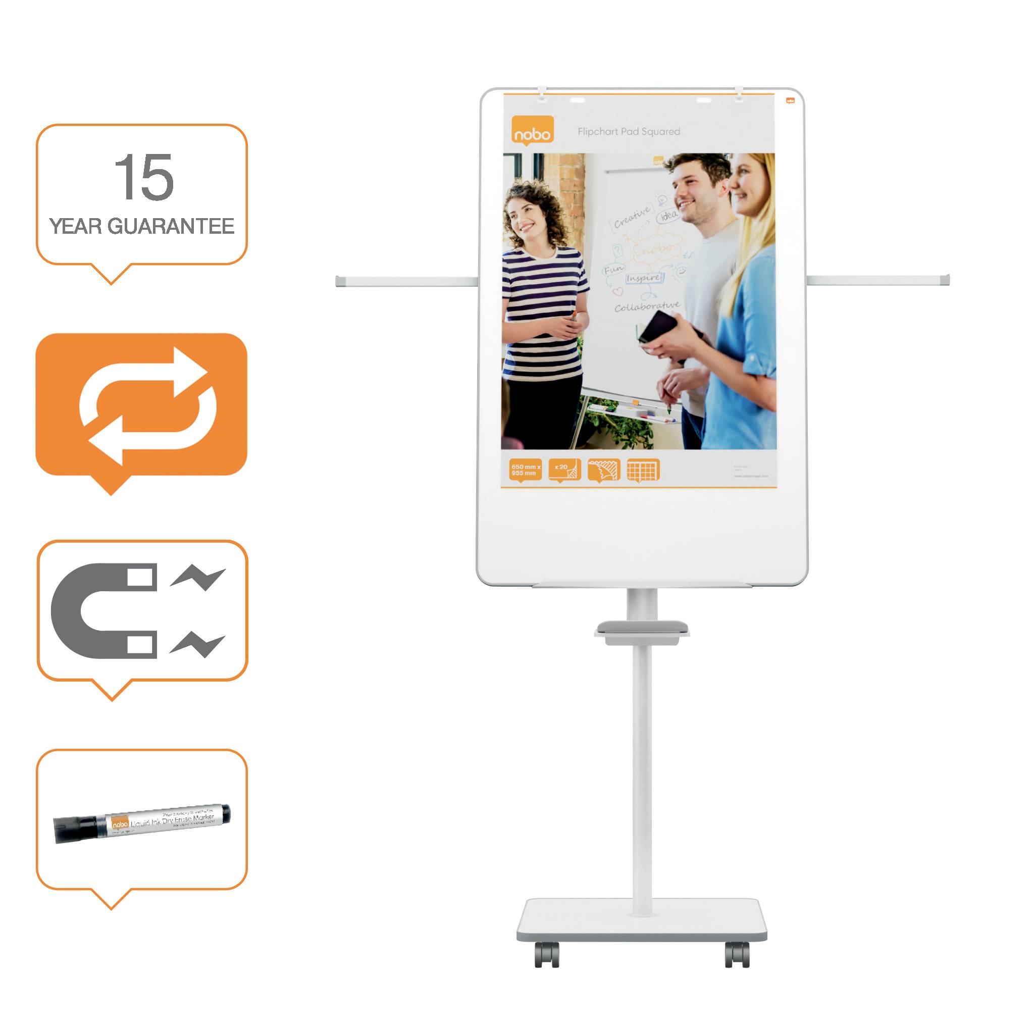 'Flipchart-Tafel auf einem mobilen Ständer mit 15 Jahren Garantie. Magnetisch mit Austausch-Symbol. Enthält einen schwarzen Marker.'