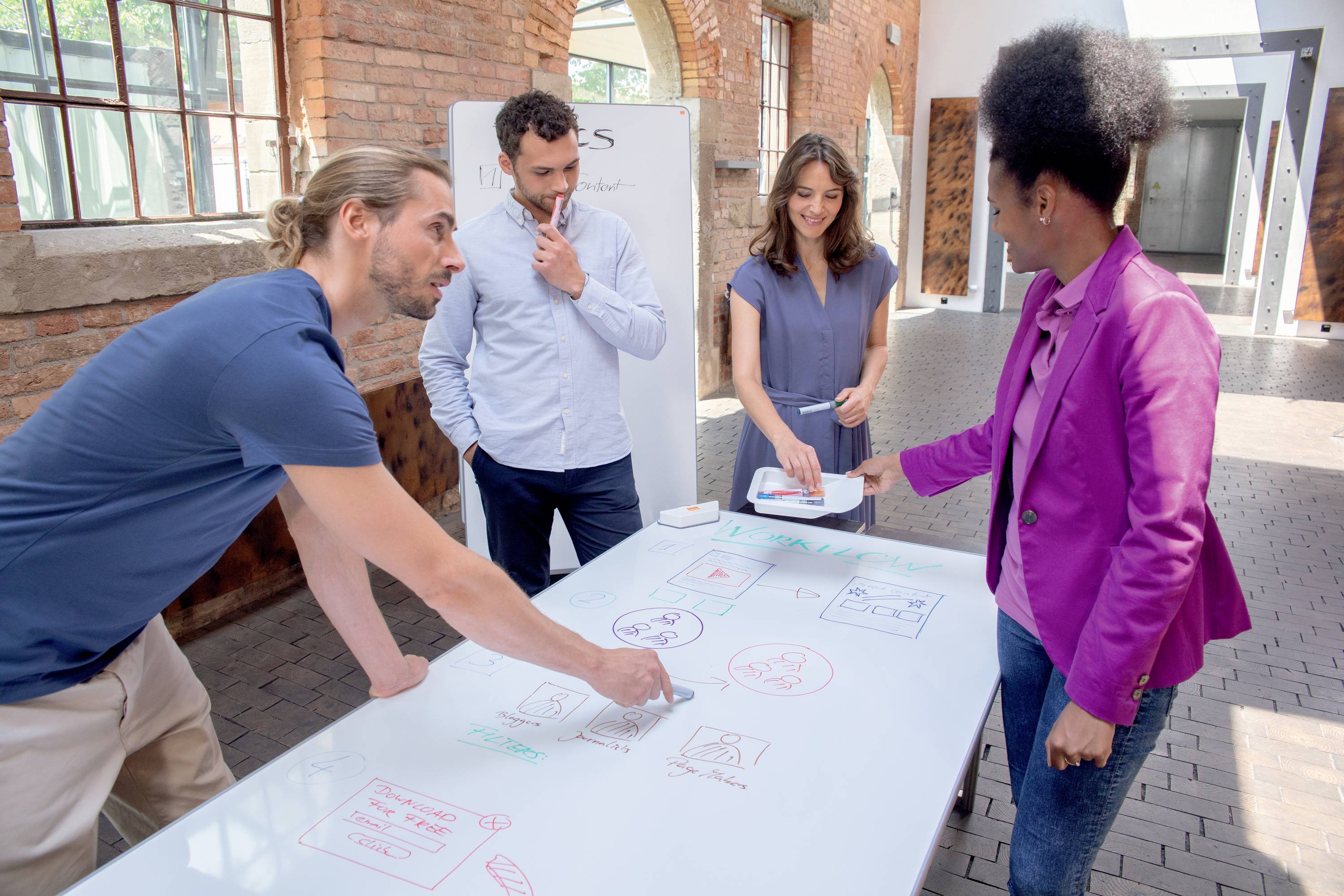 Eine Gruppe von vier Personen arbeitet zusammen in einem modernen Büro vor einem Whiteboard, das mit Notizen und Diagrammen gefüllt ist.