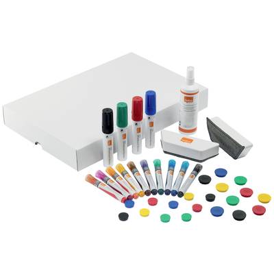 Set mit verschiedenen weißen und farbigen Markern, einem Spray, einem Schwamm und bunten Magneten, alles vor einer weißen Box.